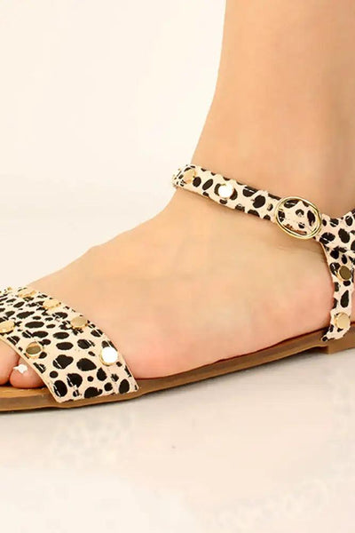Leopard Print Faux Leather Studded Accent Sandals - AMIClubwear