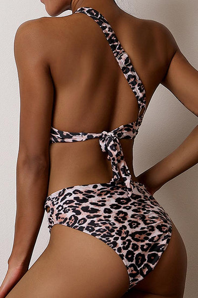 Leopard Print One Shoulder Cut Out Two Piece Sexy Swimsuit - AMIClubwear
