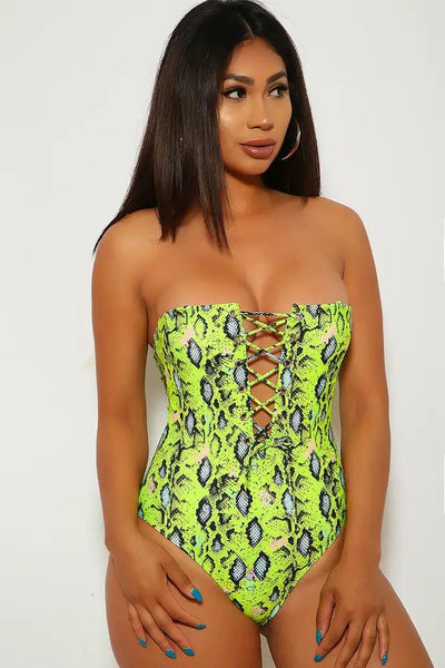 Lime Snake Animal Print Lace Up One Piece Swimsuit - AMIClubwear