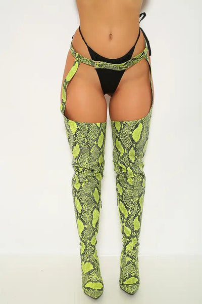 Lime Snake Print Belted Thigh High Heel Chap Boots - AMIClubwear