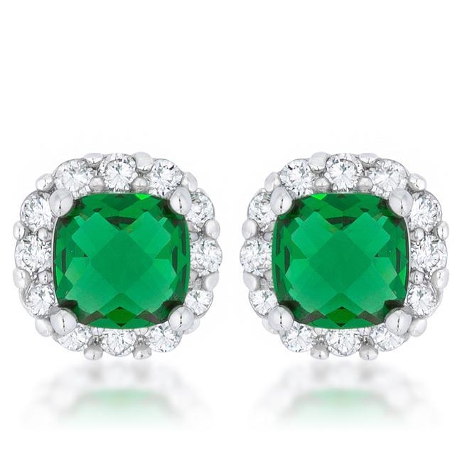 Liz 2ct Emerald CZ Rhodium Classic Cushion Stud Earrings - AMIClubwear