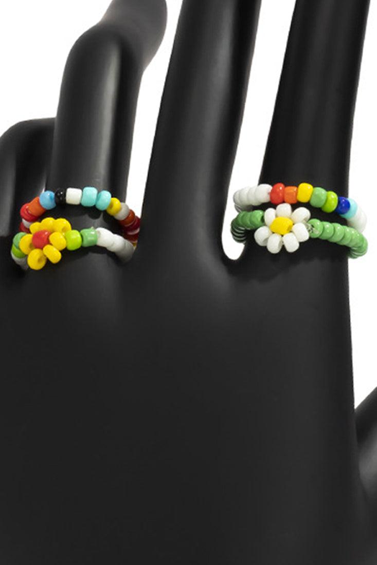 Multi Beaded Floral Accent 4 Piece Ring Set - AMIClubwear