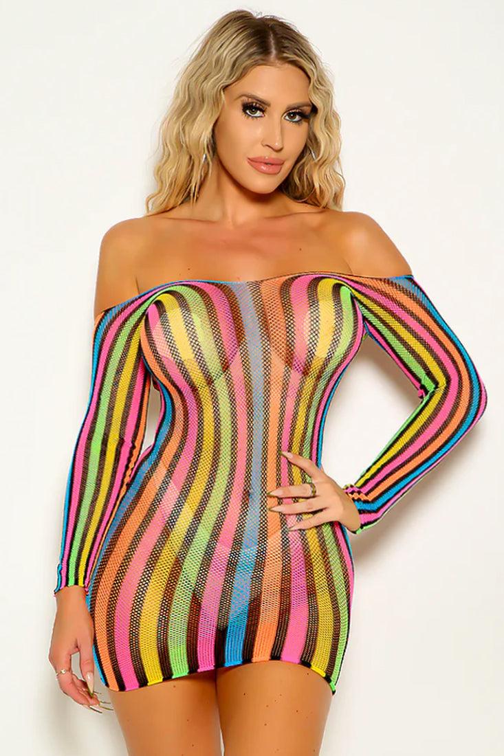 Sexy mini dress, small fishnet, long sleeves, colorful stripes