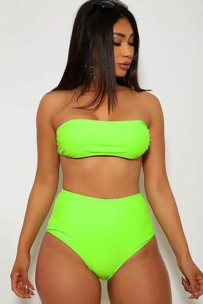Neon Lime High Waist Bandeau Two Piece Swimsuit - AMIClubwear