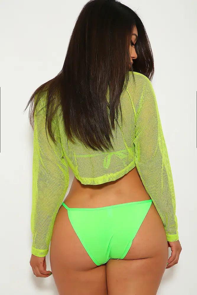 Neon Lime Netted Three Piece Swimsuit Set - AMIClubwear