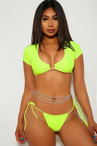 Neon Lime O-Ring Crop Top Two Piece Swimsuit - AMIClubwear