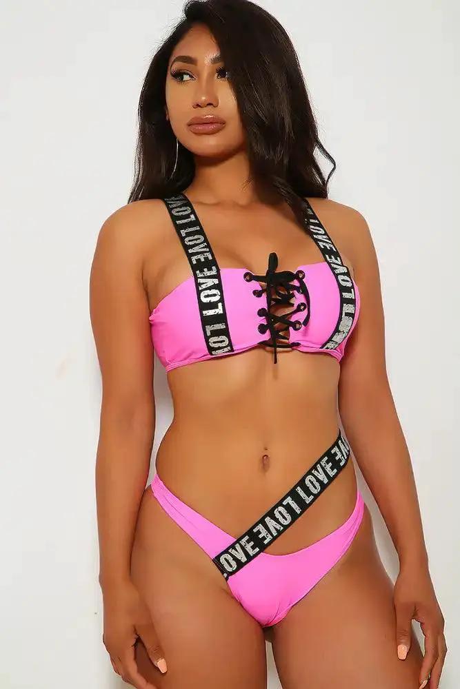 Two Piece Balcony Empire Laced Top and Strappy Bikini Panty in Neon Lipstick main image 1