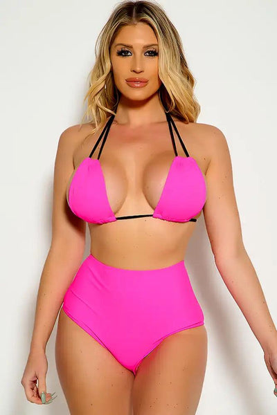 Neon Pink Black Strappy Halter High Waist Two Piece Swimsuit - AMIClubwear