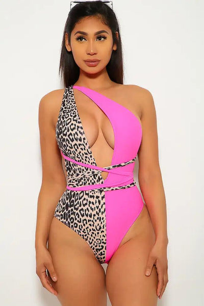 Neon Pink Leopard Print One Piece Monokini - AMIClubwear