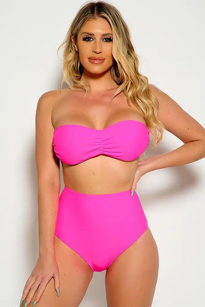 Neon Pink Strapless Bandeau High Waist Two Piece Swimsuit - AMIClubwear