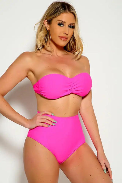 Neon Pink Strapless Bandeau High Waist Two Piece Swimsuit - AMIClubwear