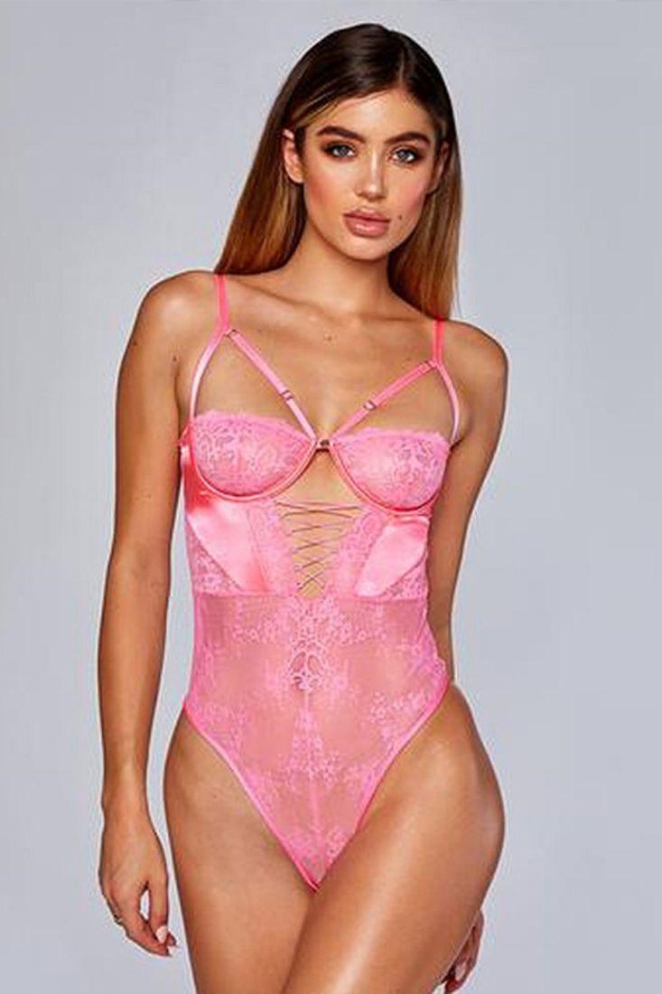 Neon Pink Wired Boned Corset Mesh Lace Teddy - AMIClubwear