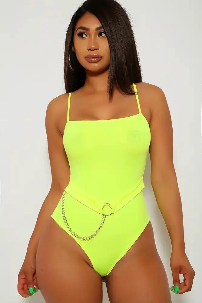 neon one piece swim suit gold chain straps . s