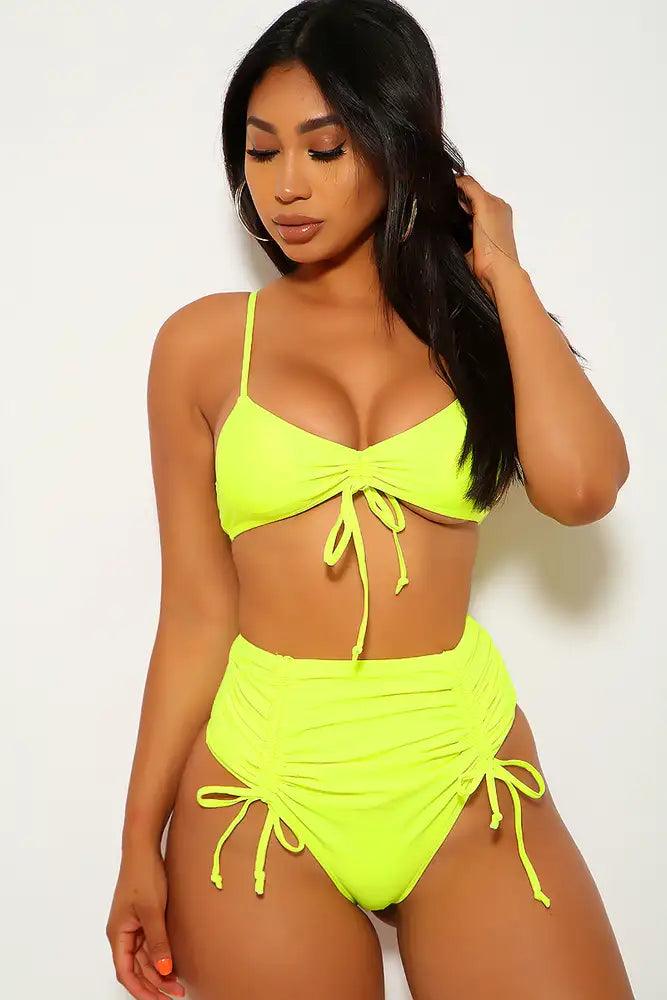 Neon Yellow High Waist Ruched Two Piece Swimsuit