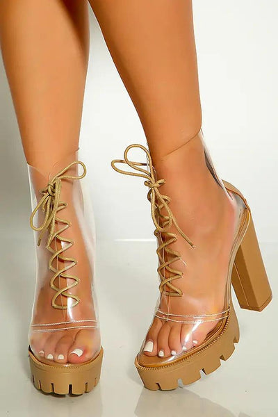 Nude Clear Lace Up Chunky Booties - AMIClubwear