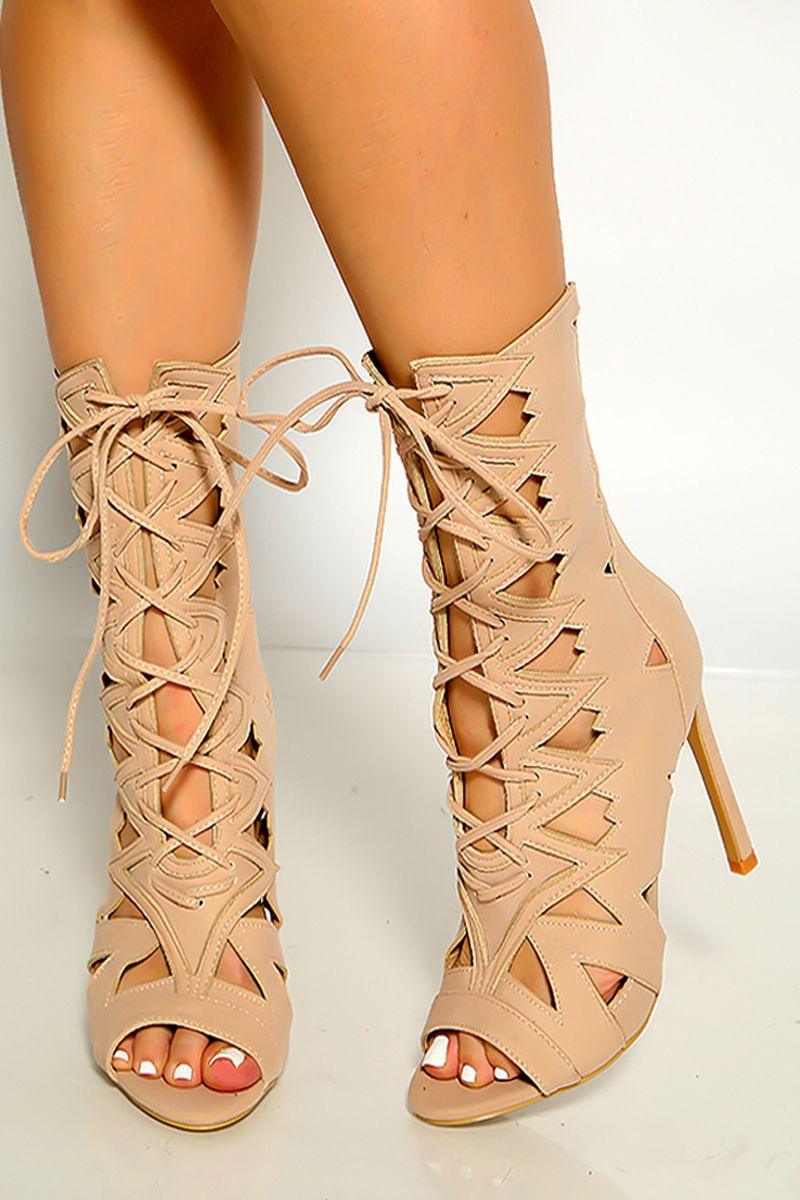 Nude Peep Toe Lace Up Cut Out Detail Single Sole High Heels – AMIClubwear