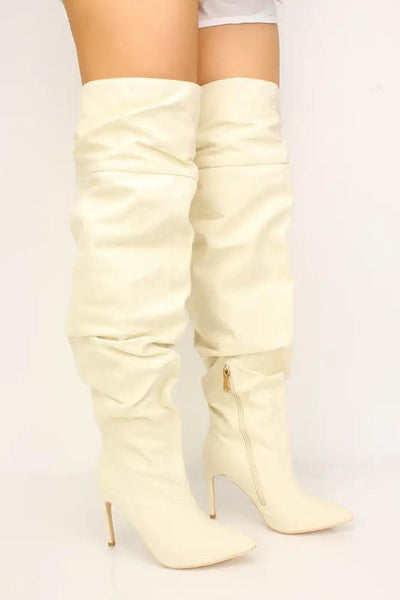 Off White Ruched Pointy Toe Thigh High Boots *Kim K Inspired By* - AMIClubwear