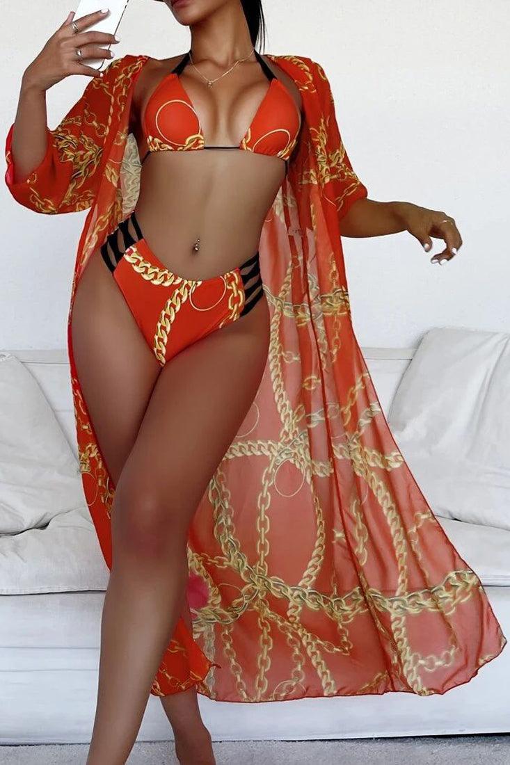 Orange 3 Piece Printed Bikini Set med Tassel Beach Dress main image 0