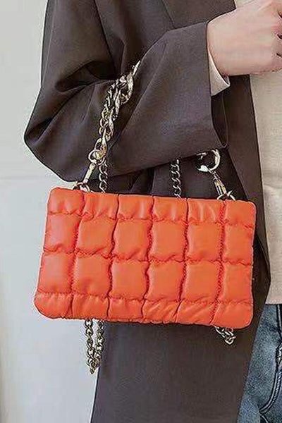 Orange Gold Quilted Chain Straps Handbag - AMIClubwear