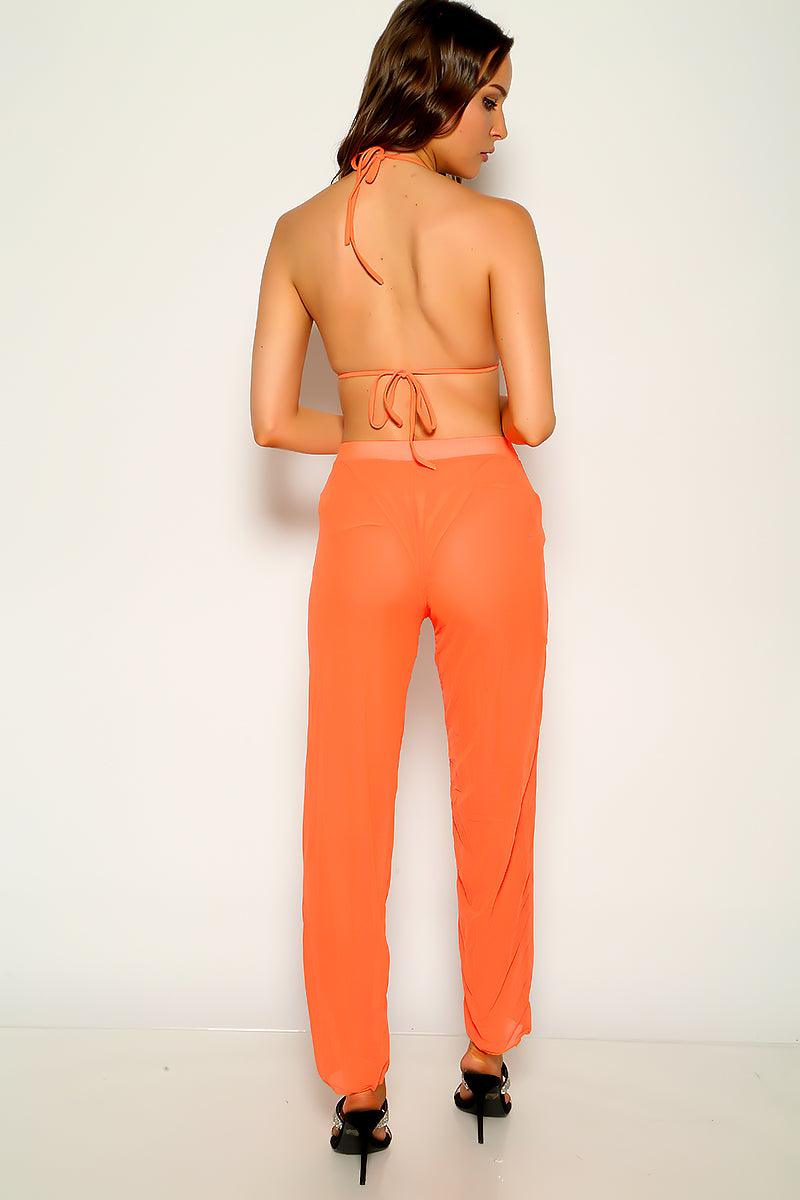 Orange Mesh Halter Sexy Three Piece Swimsuit - AMIClubwear