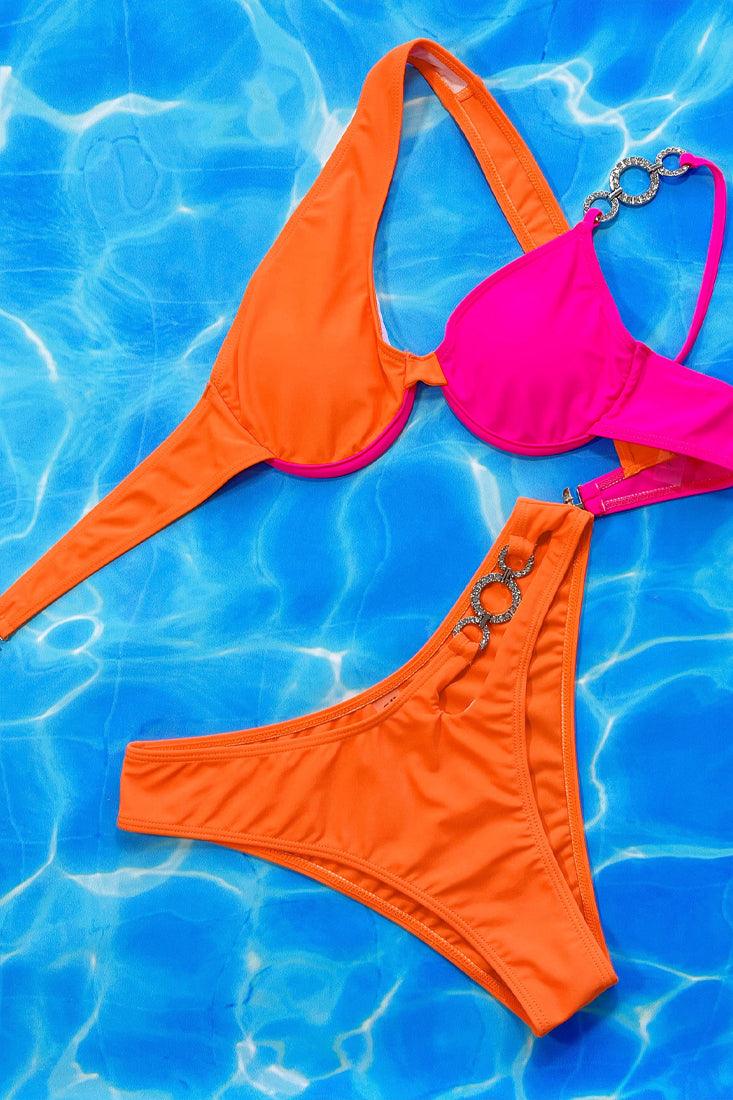 Orange Pink One Shoulder Rhinestone Ring 2 Pc Swimsuit - AMIClubwear