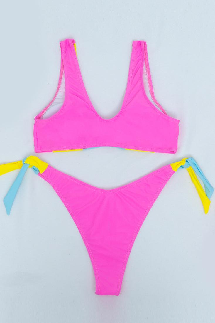 Pink Color Block Scooped Thick Straps 2 Pc Bikini Set - AMIClubwear