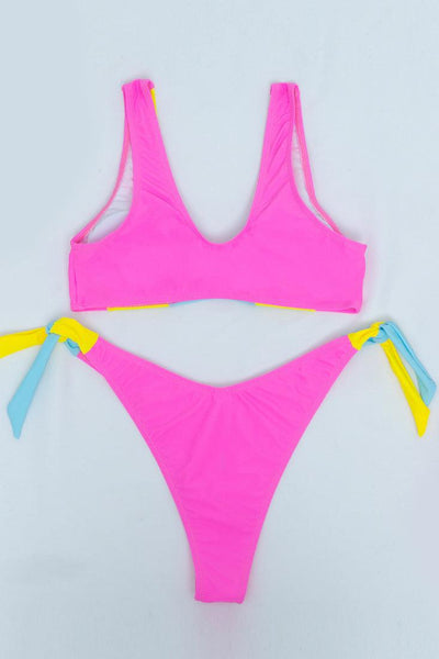 Pink Color Block Scooped Thick Straps 2 Pc Bikini Set - AMIClubwear