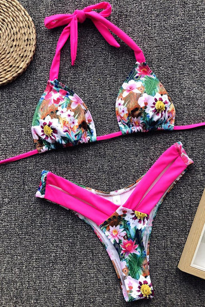 Pink Floral Print Cheeky Halter 2 Pc Swimsuit - AMIClubwear