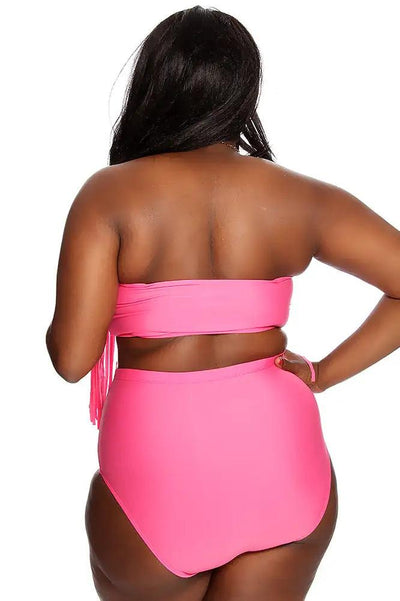 Pink Fringe High Waist Plus Size Swimsuit - AMIClubwear