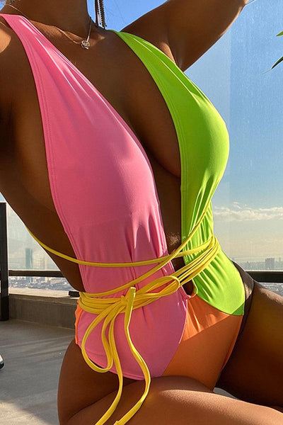 Pink Lime Colorblock Strappy One Piece Swimsuit - AMIClubwear