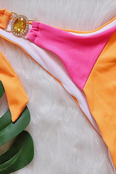 Pink Orange Rhinestone Gem Ribbed Bandeau 2 Pc Bikini - AMIClubwear
