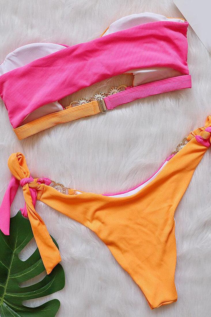 Pink Orange Rhinestone Gem Ribbed Bandeau 2 Pc Bikini - AMIClubwear