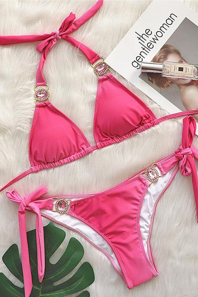 Pink Rhinestone Gem Strappy Halter 2 Pc Swimsuit - AMIClubwear
