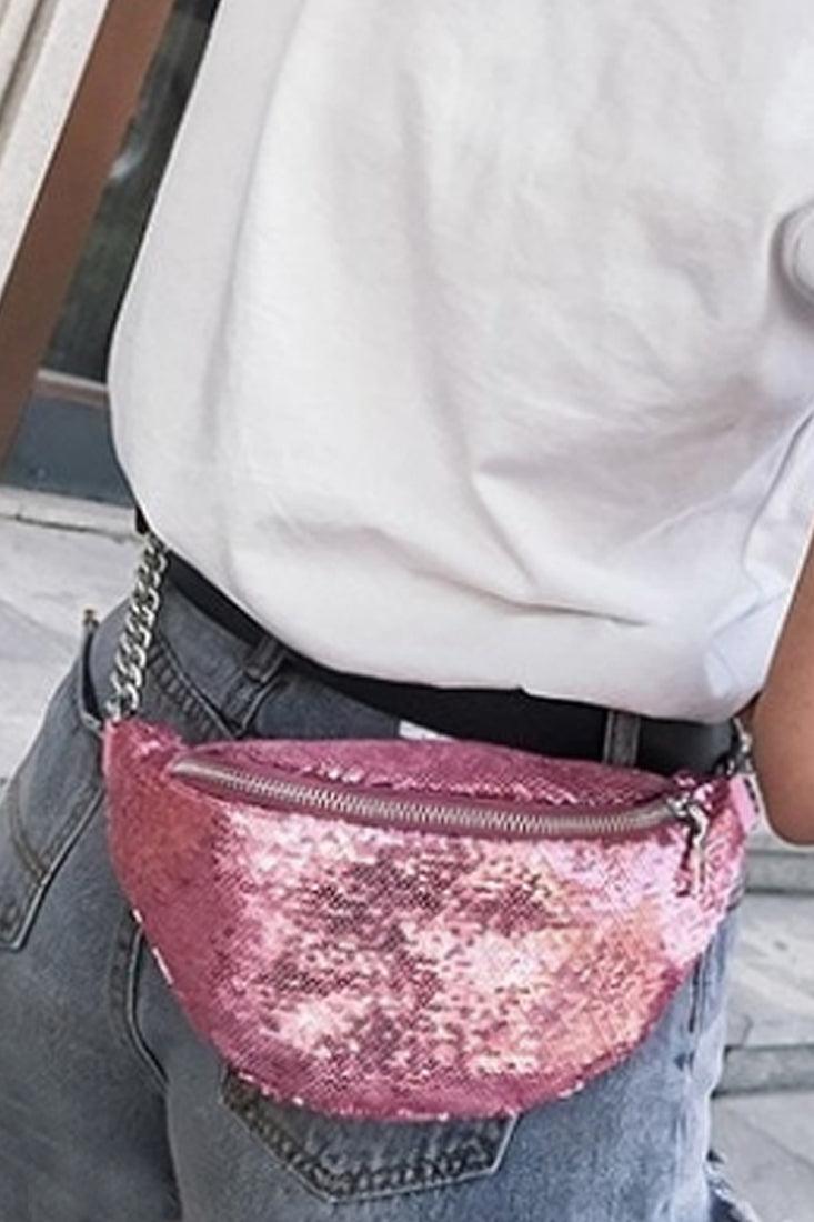 Pink Sequin Chain Straps Fanny Pack - AMIClubwear