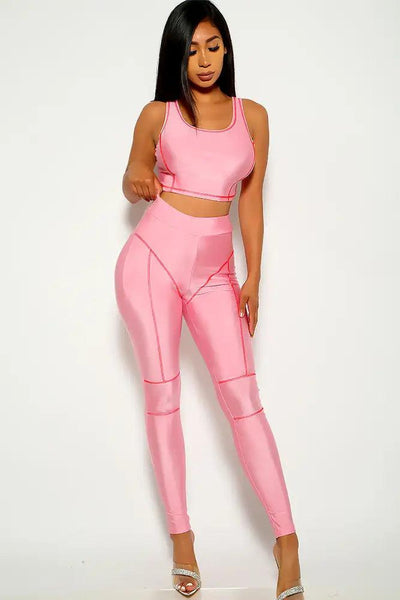 Pink Sleeveless Striped Two Piece Outfit - AMIClubwear