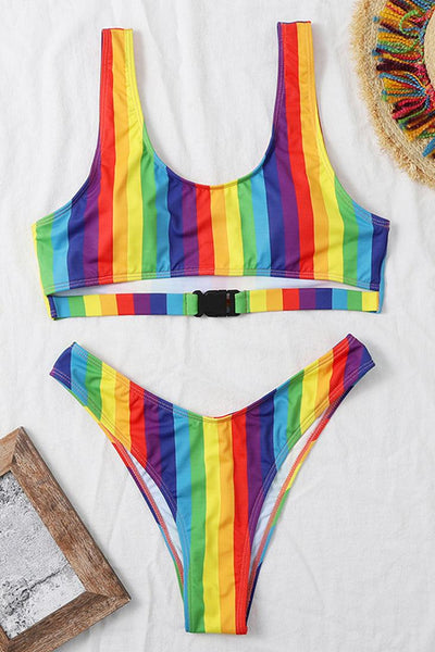 Rainbow Striped Cut Out Two Piece Swimsuit - AMIClubwear
