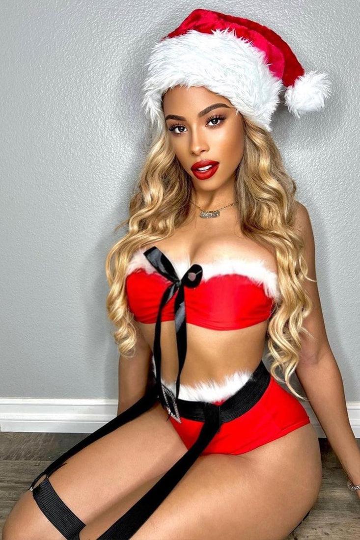 Red Black Garter Belt Three Piece Holiday Costume AMIClubwear Red Black Garter Belt Three Piece Holiday Costume AMIClubwear