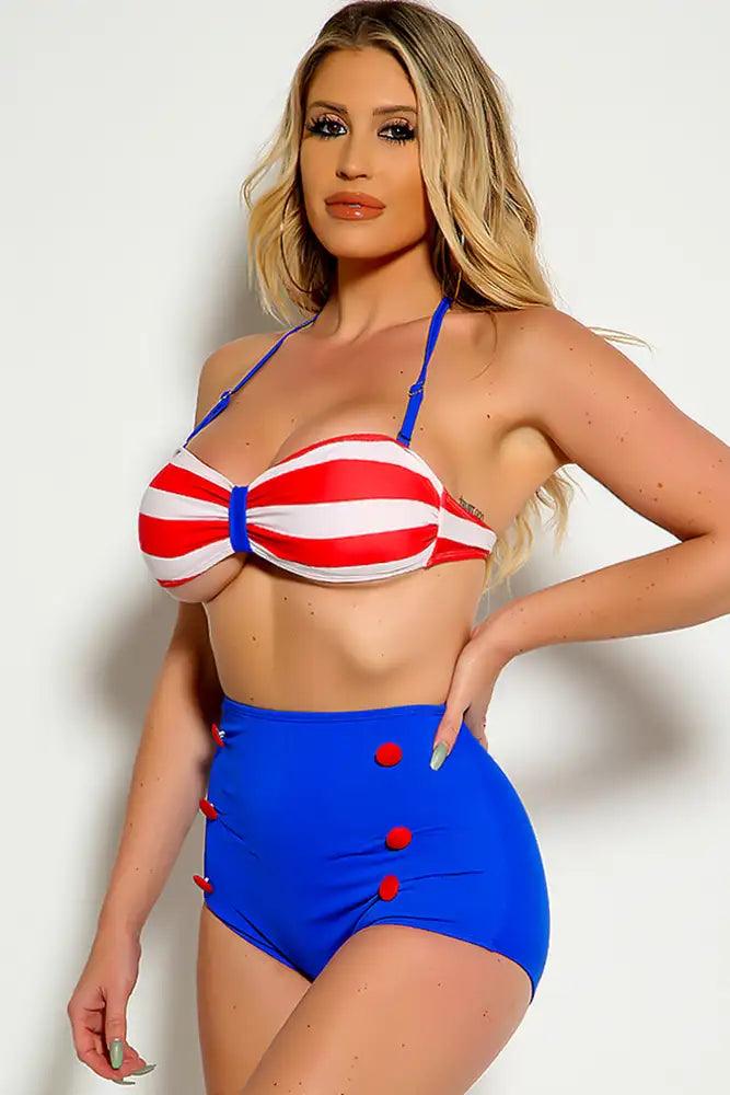 Red Blue Striped Halter High Waist Button Detail Two Piece Outfit - AMIClubwear