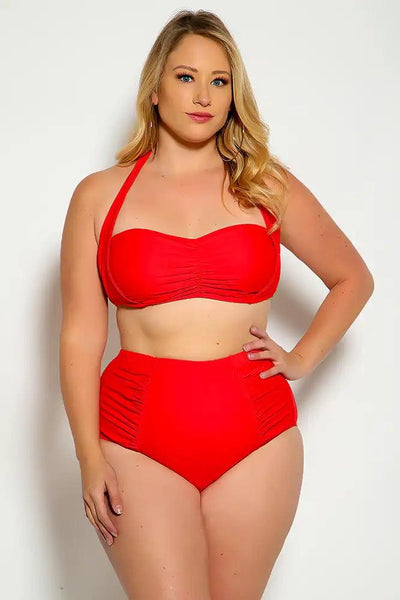 Red Bold Halter Top Ruched High Waist Two Piece Swimsuit Plus - AMIClubwear