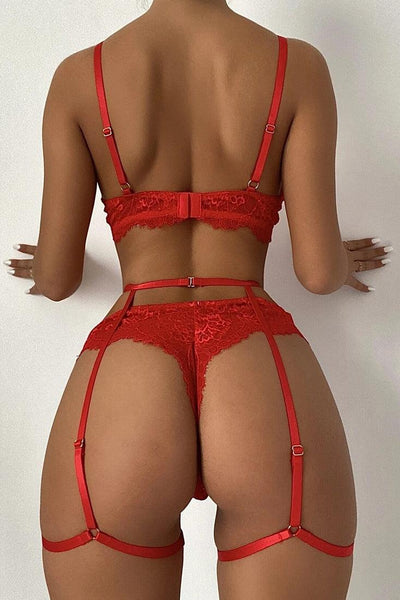 Red Floral Lace Cut Out Sexy Lingerie 3 Pc Set - AMIClubwear