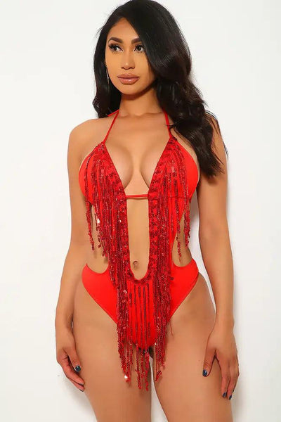 Red Fringe Sequins Cut Out Monokini - AMIClubwear