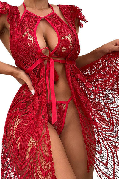 Red Lace Strappy Halter Cut Out 3 Pc Lingerie Set - AMIClubwear