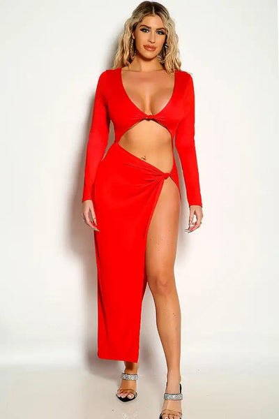 Red Long Sleeve Cut Out High Slit Midi Party Dress - AMIClubwear