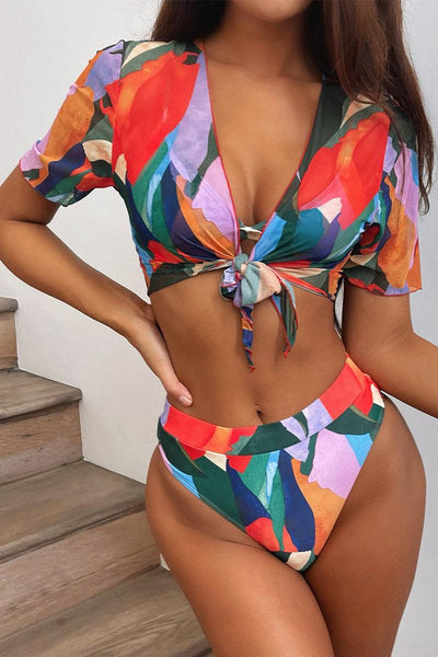 Red Multi Colored Short Sleeve Mesh Three Piece Swimsuit - AMIClubwear