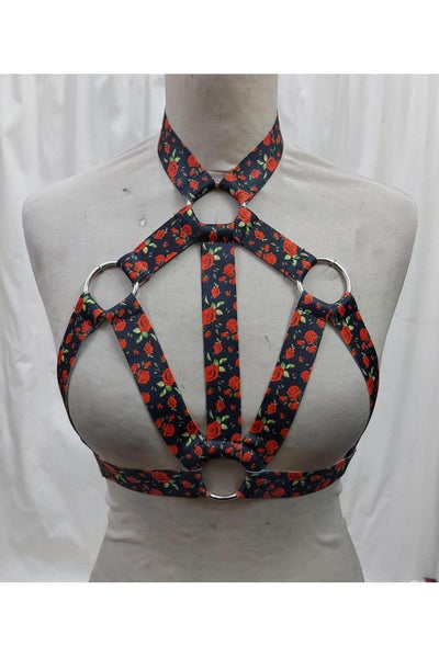 Red Roses Stretchy Body Harness w/Silver Hardware - AMIClubwear