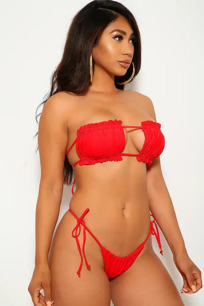 Red Ruffled Bandeau Two Piece Swimsuit - AMIClubwear