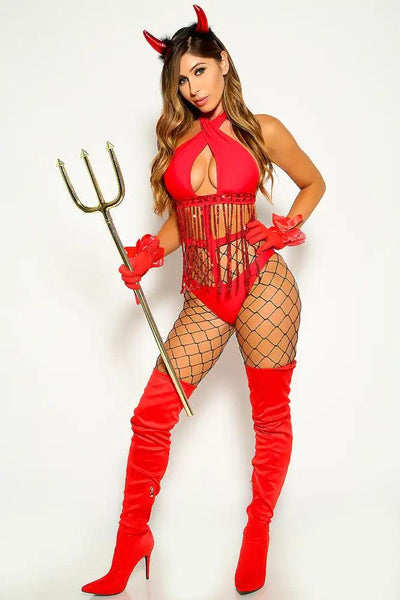Red Sequin Devil T Strap One Piece Costume - AMIClubwear