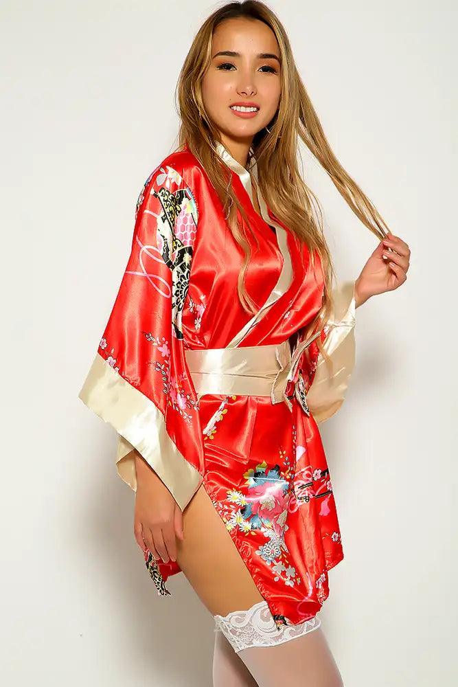 Red Sexy Floral Print Traditional Japanese Kimono 3pc Sexy Costume Red Sexy Floral Print Traditional Japanese Kimono 3pc Sexy Costume