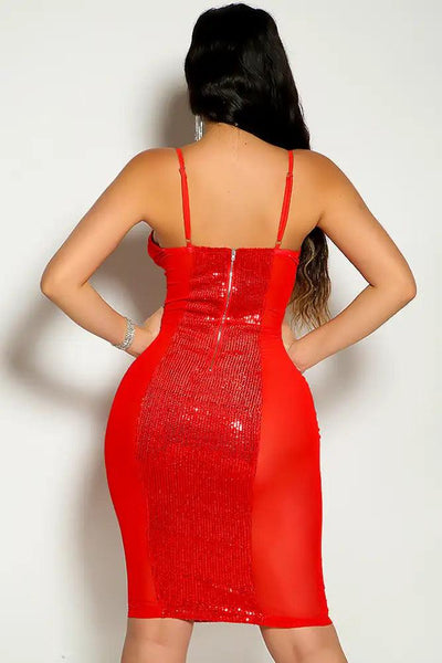 Red Sleeveless Sequins V-Wire Mesh Party Dress - AMIClubwear