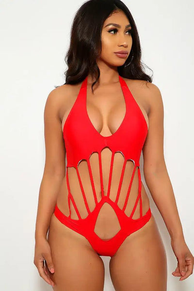 Red Strappy Halter One Piece Sexy Swimsuit - AMIClubwear